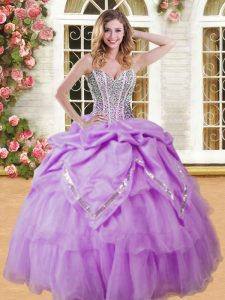 Cheap Sweetheart Sleeveless 15th Birthday Dress Floor Length Beading and Pick Ups Lilac Organza