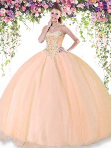 Tulle Sweetheart Sleeveless Lace Up Beading Sweet 16 Dresses in Peach