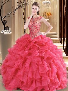 Adorable Scoop Floor Length Lace Up Quinceanera Gown Coral Red for Military Ball and Sweet 16 and Quinceanera with Beading and Ruffles