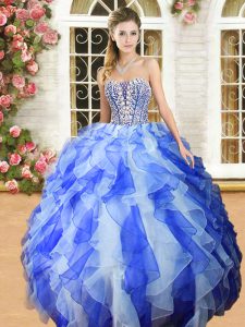 Sumptuous Blue And White Ball Gowns Organza Sweetheart Sleeveless Beading and Ruffles Floor Length Lace Up Quinceanera Gowns