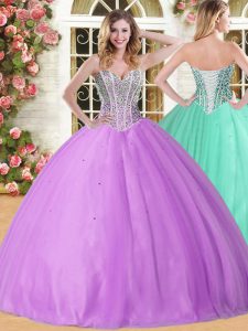 New Arrival Lilac Ball Gowns Tulle Sweetheart Sleeveless Beading Floor Length Lace Up Sweet 16 Dress