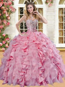 Vintage Beading and Ruffles Quinceanera Gowns Pink Lace Up Sleeveless Floor Length