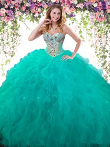 New Arrival Beading Vestidos de Quinceanera Turquoise Lace Up Sleeveless Floor Length