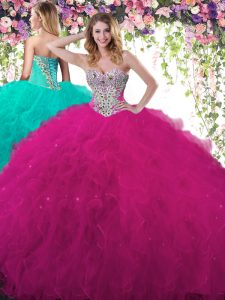 Fitting Fuchsia Sleeveless Tulle Lace Up Sweet 16 Dresses for Military Ball and Sweet 16 and Quinceanera