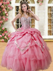 Gorgeous Pick Ups Floor Length Ball Gowns Sleeveless Watermelon Red Ball Gown Prom Dress Lace Up