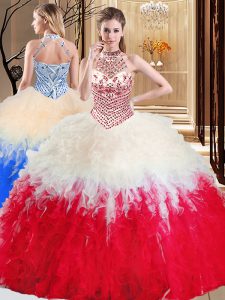Fine Halter Top White And Red Sleeveless Tulle Lace Up Quinceanera Dama Dress for Military Ball and Sweet 16 and Quinceanera