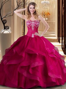 Coral Red Sweetheart Lace Up Embroidery and Ruffles Ball Gown Prom Dress Sleeveless