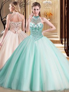 Tulle Halter Top Sleeveless Brush Train Lace Up Beading Sweet 16 Quinceanera Dress in Aqua Blue