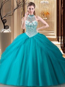 Halter Top Sleeveless Beading and Pick Ups Lace Up Quinceanera Gown with Teal Brush Train
