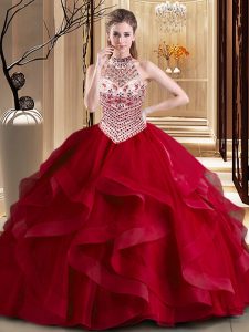 Halter Top With Train Wine Red Ball Gown Prom Dress Tulle Brush Train Sleeveless Beading and Ruffles
