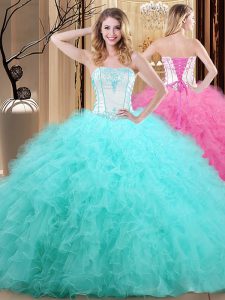 Attractive Blue Ball Gowns Strapless Sleeveless Tulle Floor Length Lace Up Embroidery Vestidos de Quinceanera