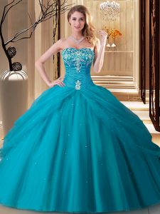 Teal Ball Gowns Sweetheart Sleeveless Tulle Floor Length Lace Up Embroidery Sweet 16 Dress