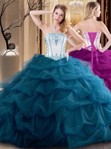 Teal Ball Gowns Tulle Strapless Sleeveless Embroidery and Ruffled Layers Floor Length Lace Up Vestidos de Quinceanera
