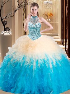 Halter Top Multi-color Sleeveless Beading and Ruffles Floor Length Quinceanera Gown