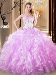 Great Lilac Lace Up Strapless Embroidery and Ruffles Vestidos de Quinceanera Organza Sleeveless