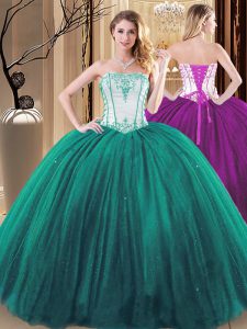 Sumptuous Green Strapless Neckline Embroidery 15th Birthday Dress Sleeveless Lace Up