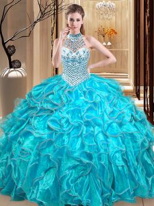 Eye-catching Halter Top Aqua Blue Sleeveless Organza Lace Up Sweet 16 Dress for Military Ball and Sweet 16 and Quinceanera