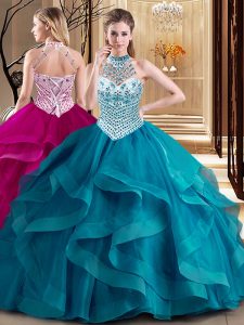 Teal Ball Gowns Halter Top Sleeveless Tulle With Brush Train Lace Up Beading and Ruffles Party Dress for Toddlers