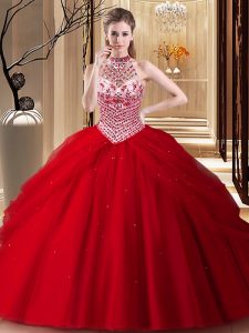 Wonderful Red Quinceanera Dresses Military Ball and Sweet 16 and Quinceanera and For with Beading and Pick Ups Halter Top Sleeveless Brush Train Lace Up