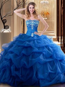 Charming Royal Blue Sleeveless Floor Length Embroidery and Ruffles Lace Up Vestidos de Quinceanera