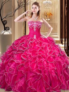 Top Selling Floor Length Lace Up 15 Quinceanera Dress Hot Pink for Military Ball and Sweet 16 and Quinceanera with Embroidery and Ruffles