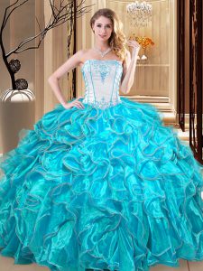 Strapless Sleeveless Organza Sweet 16 Dress Embroidery and Ruffles Lace Up