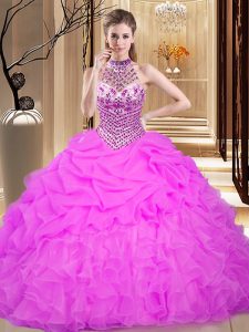 Glorious Lilac Organza Lace Up Halter Top Sleeveless Floor Length Sweet 16 Quinceanera Dress Beading and Ruffles and Pick Ups