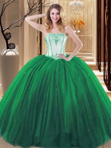 Extravagant Floor Length Green Ball Gown Prom Dress Tulle Sleeveless Embroidery