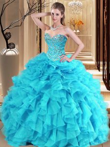 Dazzling Aqua Blue and Turquoise Organza Lace Up Sweetheart Sleeveless Floor Length Quinceanera Gowns Beading and Ruffles