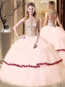 Fashion Scoop Sleeveless Tulle Vestidos de Quinceanera Beading and Appliques Lace Up