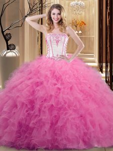 Rose Pink Sleeveless Tulle Lace Up Quince Ball Gowns for Military Ball and Sweet 16 and Quinceanera