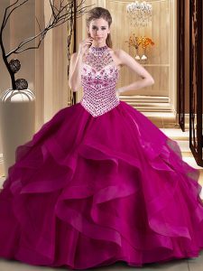 Charming Brush Train Ball Gowns Vestidos de Damas Fuchsia Halter Top Tulle Sleeveless With Train Lace Up