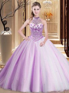 Low Price Tulle Halter Top Sleeveless Brush Train Lace Up Beading Ball Gown Prom Dress in Lilac