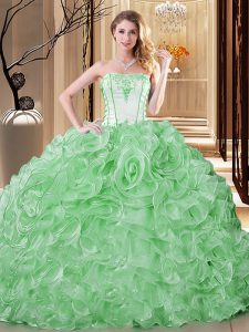 Chic Green Ball Gowns Embroidery and Ruffles Quince Ball Gowns Lace Up Organza Sleeveless Floor Length