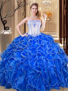 Royal Blue Ball Gowns Embroidery and Ruffles Quinceanera Gowns Lace Up Organza Sleeveless Floor Length