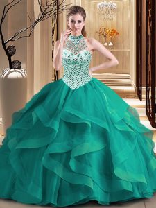 Customized Halter Top Sleeveless Brush Train Beading and Ruffles Lace Up Ball Gown Prom Dress