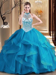Great Halter Top Blue Sleeveless With Train Beading and Ruffles Lace Up Quinceanera Dress