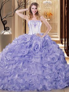 Excellent Sleeveless Floor Length Embroidery and Ruffles Lace Up Quinceanera Dresses with Lavender