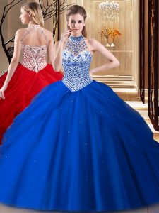 Stunning Halter Top With Train Lace Up Quinceanera Gowns Royal Blue for Military Ball and Sweet 16 and Quinceanera with Beading and Pick Ups Brush Train