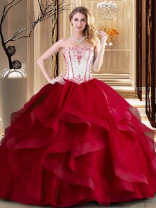 Excellent Wine Red Sleeveless Tulle Lace Up Quinceanera Gown for Military Ball and Sweet 16 and Quinceanera
