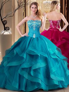 Stylish Teal Sleeveless Embroidery and Ruffles Floor Length Quinceanera Gowns