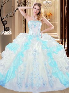 Hot Selling Blue And White Ball Gowns Organza Strapless Sleeveless Embroidery and Ruffled Layers Floor Length Lace Up Quince Ball Gowns