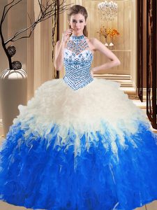 Halter Top Sleeveless Floor Length Beading and Ruffles Lace Up Vestidos de Quinceanera with Blue And White