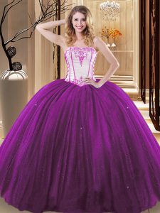 Clearance White And Purple Tulle and Sequined Lace Up Strapless Sleeveless Floor Length Quinceanera Gown Embroidery