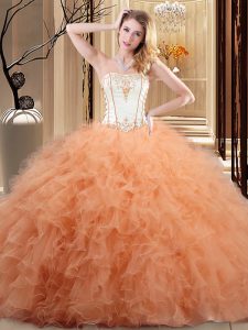 Ruffled Ball Gowns Quince Ball Gowns Orange Strapless Organza Sleeveless Floor Length Lace Up