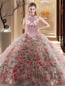 Chic Halter Top Multi-color Sleeveless With Train Beading Lace Up 15 Quinceanera Dress