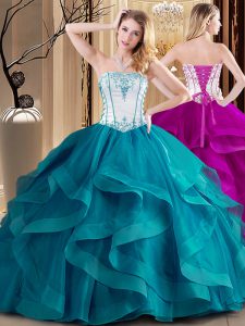 Custom Fit Teal Sleeveless Embroidery Floor Length Sweet 16 Quinceanera Dress