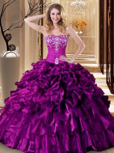 Custom Made Embroidery and Ruffles Quinceanera Dress Purple Lace Up Sleeveless Floor Length