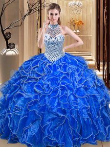 Clearance Organza Halter Top Sleeveless Lace Up Beading and Ruffles Vestidos de Quinceanera in Royal Blue