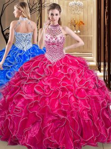 Gorgeous Halter Top Floor Length Ball Gowns Sleeveless Hot Pink Quinceanera Gown Lace Up